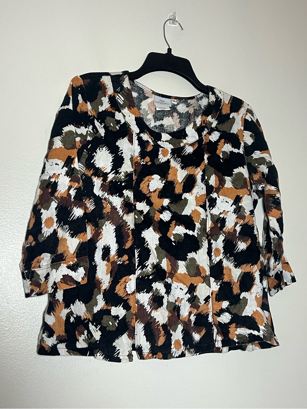 Hot Cotton Linen Animal Print Abstract Shirt Top Medium Petite MP